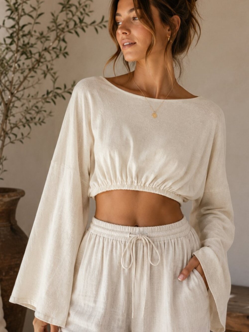 NWOT bare by charlie holiday hemp organic cotton bell sleeve crop top cream